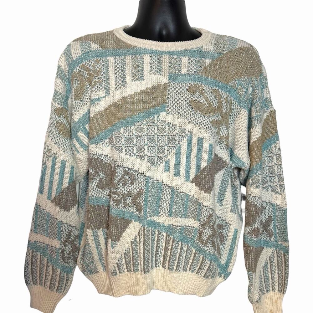 VTG 80s 90s MENS MONDO GRANDPA DAD SWEATER GEOMETRIC COTTON BLEND GRUNGE RETRO L